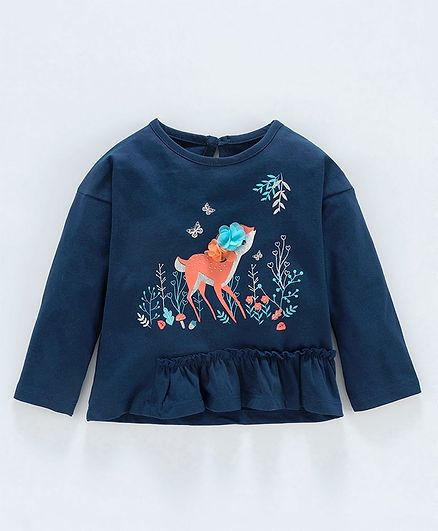 Babyoye Full Sleeves Cotton Top Deer Print - Navy Blue
