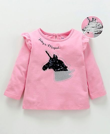 Babyoye Full Sleeves Cotton Top With Colour Changing Sequin Unicorn Patch - Pink