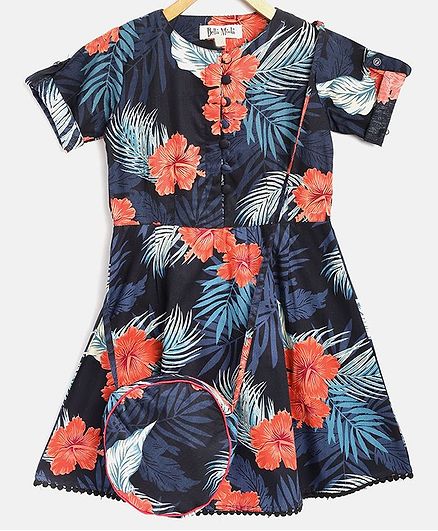 Bella Moda Half Sleeves Hibiscus Print Dress With Sling Bag - Navy Blue