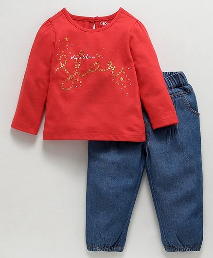 Babyoye Full Sleeves Tee And Pull On Jeans Shine Like A Star Print - Red Blue