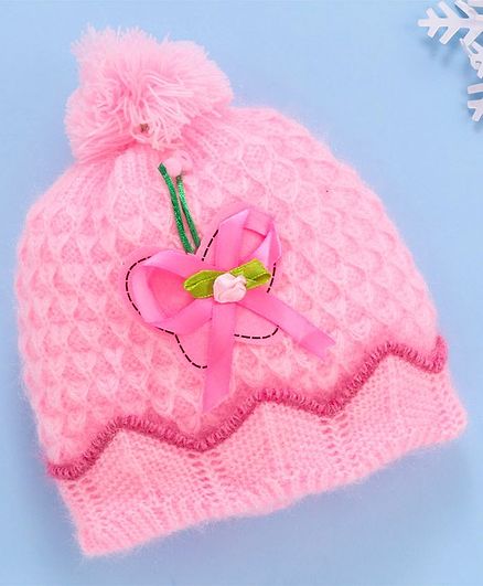 Babyhug Woollen Cap With Butterfly Patch & Pom Pom Pink - Diameter 10.5 cm