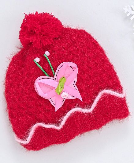Babyhug Woollen Cap With Butterfly Patch & Pom Pom Red - Diameter 10.5 cm