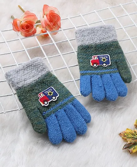 Babyhug Winter Gloves Truck Patch - Green Blue