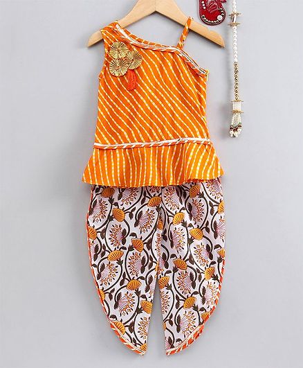 Pspeaches Sleeveless Leheriya Top With Floral Print Dhoti - Yellow