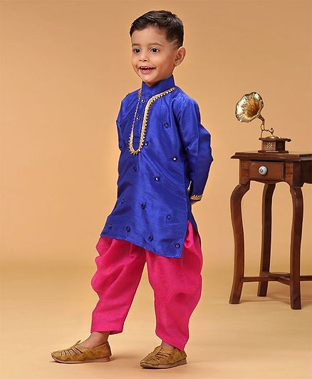 KID1 Mirror Work Full Sleeves Kurta & Dhoti Set - Blue & Pink