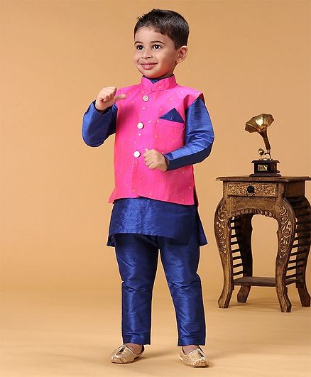 KID1 Full Sleeves Kurta With Embroidered Jacket & Pajama Set - Pink