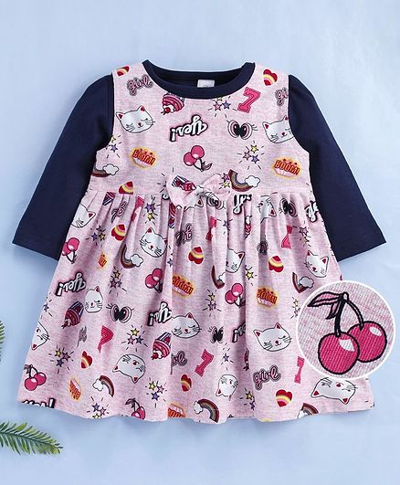 Olio Kids Sleeveless Frock With Inner Full Sleeves Tee Multi Print - Pink Blue