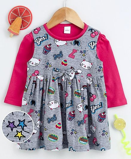 Olio Kids Sleeveless Frock With Inner Full Sleeves Tee Multi Print - Pink Grey