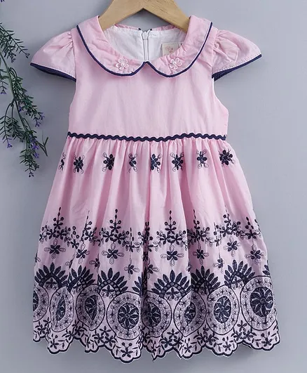 Smile Rabbit Cap Sleeves Embroidered Frock - Light Pink