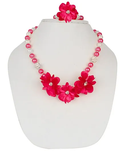 Daizy Studded Flower & Pearl Design Necklace & Bracelet Set - Pink