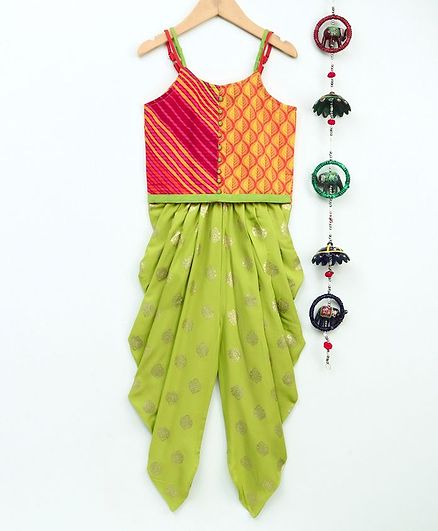 Twisha Sleeveless Leaves Print Top & Motif Print Dhoti Set - Orange & Green