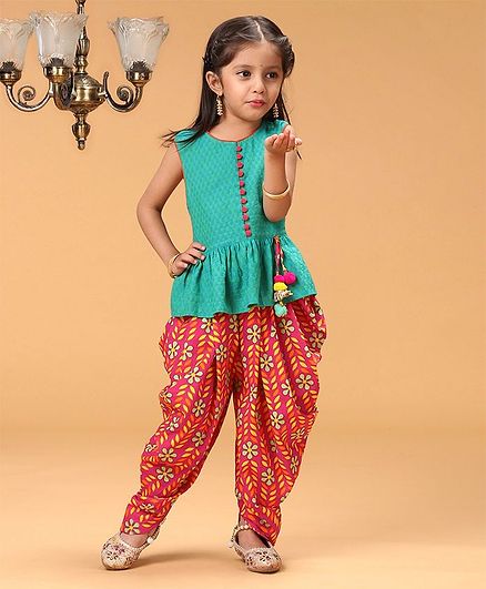 Twisha Sleeveless Butta Work Top With Floral Print Dhoti - Blue & Pink