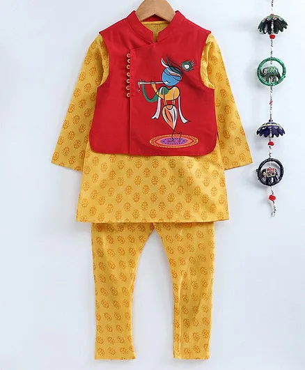 Twisha Full Sleeves Block Print Kurta & Pyjama Set With Printed Sleeveless Jacket - Yellow