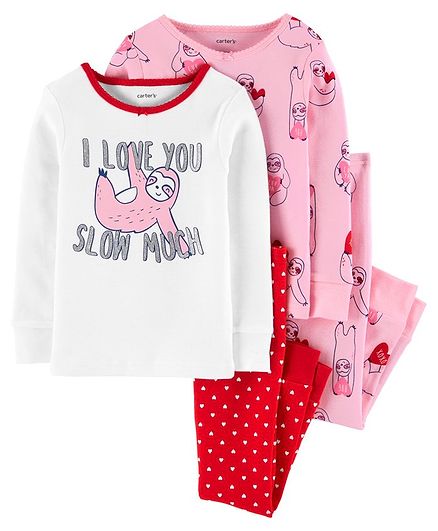 Carter's Full Sleeves Night Suit Sloth Print Pack of 2 - White Red Pink