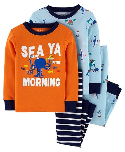 Carter's Full Sleeves Night Suit Octopus Print Pack of 2 - Orange Blue