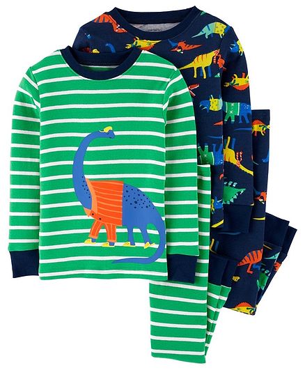 Carter's Full Sleeves Striped Night Suit Dino Print Pack of 2 - Green Navy