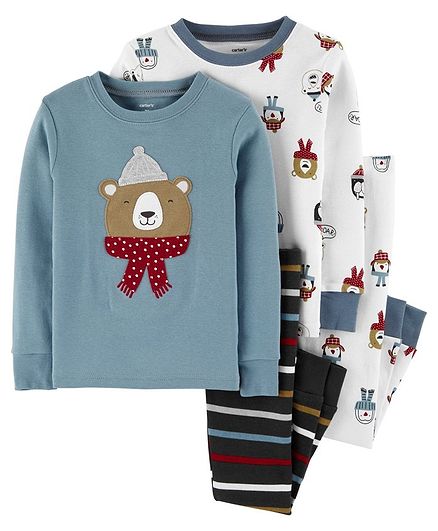 Carter's Full Sleeves Night Suit Bear Print Pack of 2 - Blue White