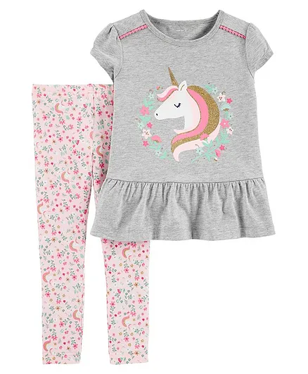 Carter's 2 Piece Unicorn Peplum Top & Floral Legging Set - Grey