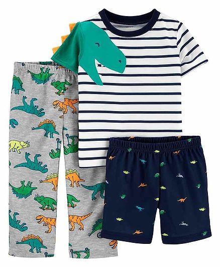 Carter's 3 Piece Half Sleeves Night Suit Combo Set Dino Print - Grey White