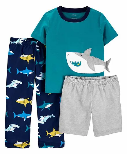 Carter's 3 Piece Half Sleeves Night Suit Combo Set Shark Print - Teal Grey