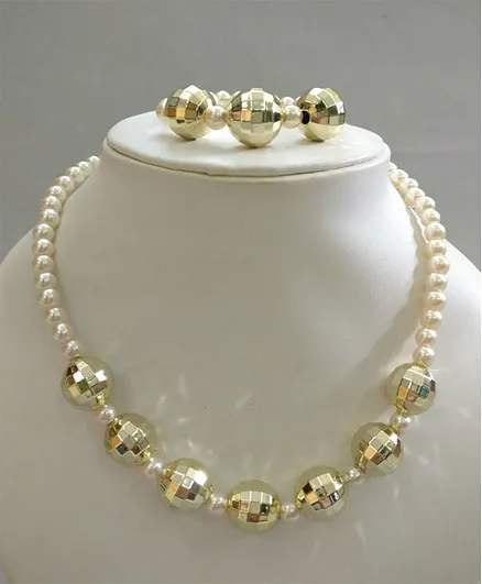 Tiny Closet Chunky Gold Disco Beads & Pearl Necklace With Bracelet - White