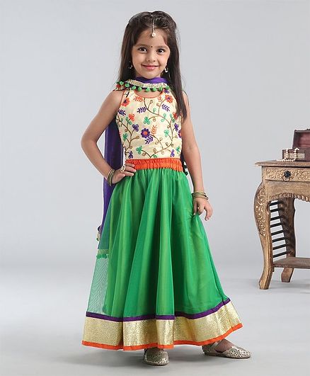 Kids Chakra Flower Embroidered Sleeveless Choli With Lehenga & Dupatta - Cream