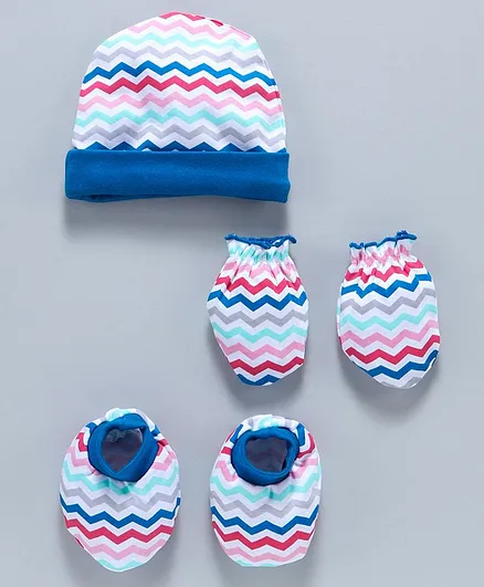 Babyhug 100% Cotton Striped Cap With Mittens & Booties Blue - Diameter 10 cm