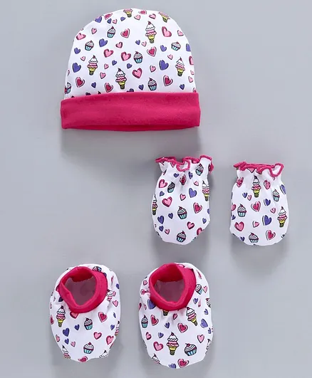 Babyhug 100% Cotton Cap With Mittens & Booties Ice Cream Print White Pink - Diameter 10.5 cm