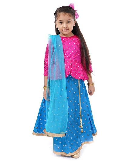Babyhug Lehenga & 3/4 Sleeves Choli Set With Dupatta Dot Print - Pink Blue