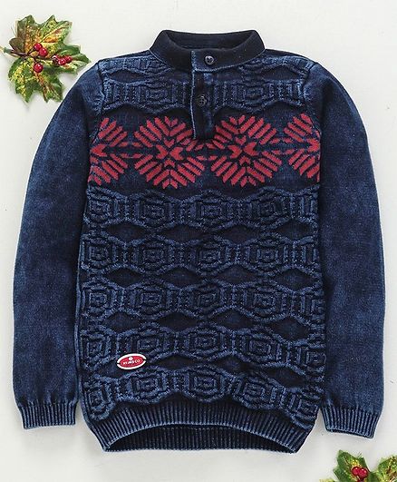 Noddy Flat Knit Full Sleeves Sweater - Red & Navy Blue