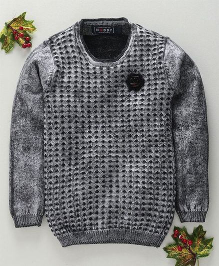 Noddy Flat Knit Ball Wash Full Sleeves Sweater - Black