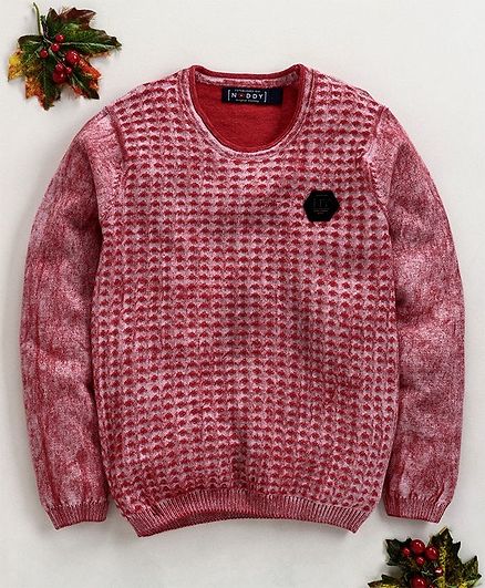 Noddy Flat Knit Ball Wash Full Sleeves Sweater - Red