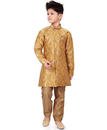 Nakshi By Yug Damask Print Full Sleeves Kurta With Pajama - Mustard Yellow