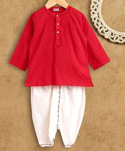 Babyhug Full Sleeves Kurta And Dhoti Embroidered - Red White
