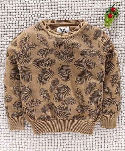 Yellow Apple Full Sleeves Sweater Leaves Design - Olive Green