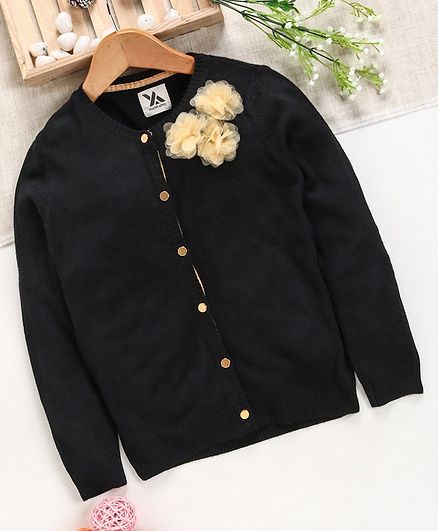 Yellow Apple Full Sleeves Sweater Floral Applique - Black