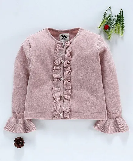 Yellow Apple Full Sleeves Solid Color Cardigan - Pink