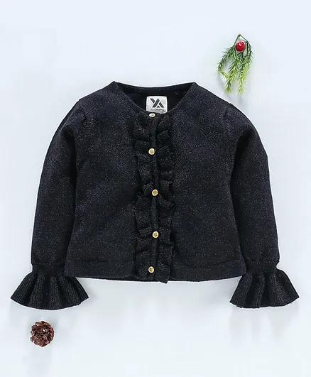 Yellow Apple Full Sleeves Solid Color Cardigan - Black