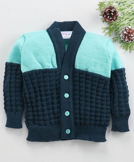 Little Angels Full Sleeves Front Open Sweater - Navy Aqua