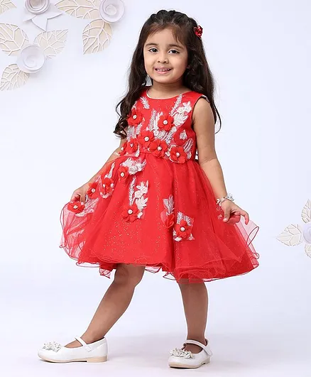 Mark & Mia Sleeveless Frock Embroidered & Embellished - Red