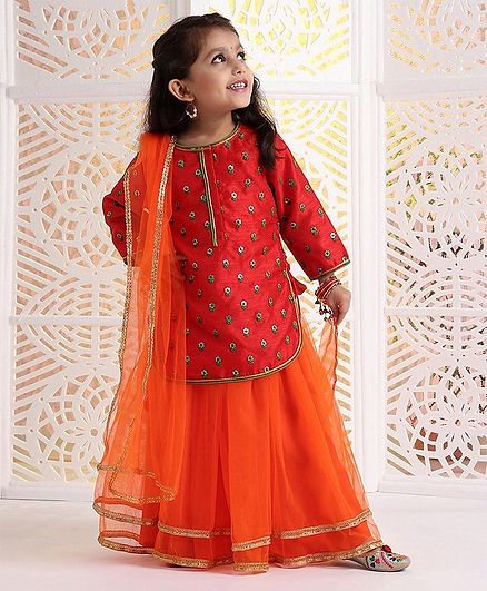 Babyhug Lehenga & Full Sleeves Kurta Set With Dupatta Floral Embroidered - Red Orange