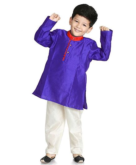 Little Pockets Store Self Print Full Sleeves Solid Kurta - Blue