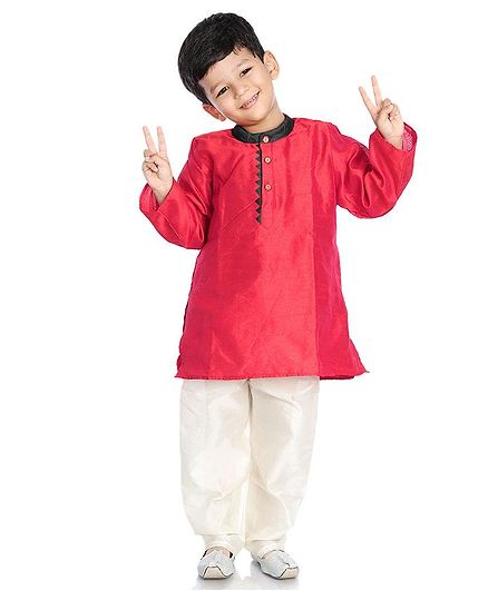 Little Pockets Store Self Print Full Sleeves Solid Kurta - Red