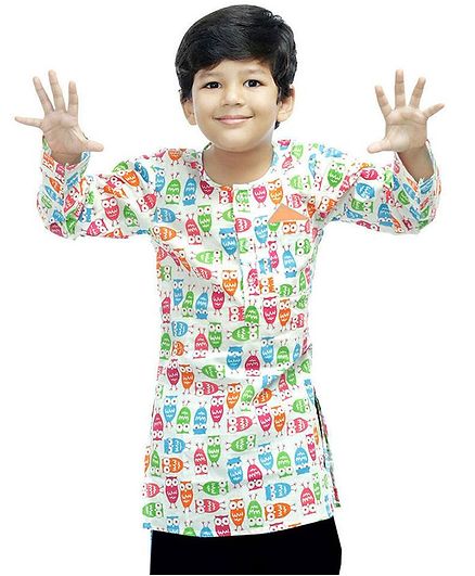 Little Pockets Store Owl Print Full Sleeves Kurta - Multi Colour