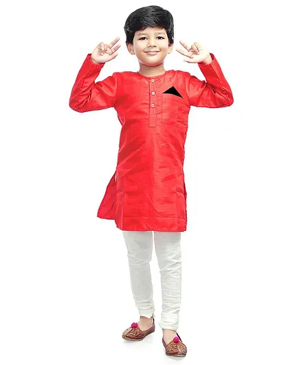 Little Pockets Store Solid Full Sleeves Kurta With Pocket Liner - Red