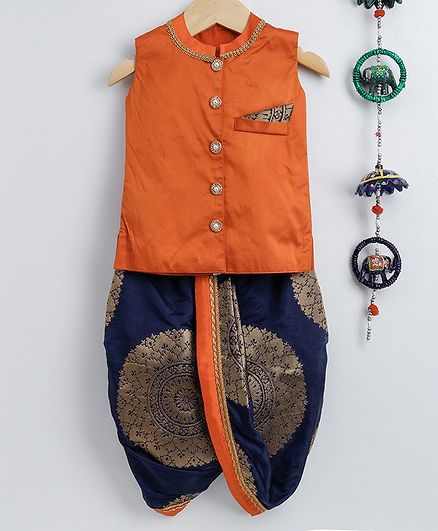 Li&Li BOUTIQUE Sleeveless Kurta With Flower Wheel Printed Dhoti - Orange & Navy Blue