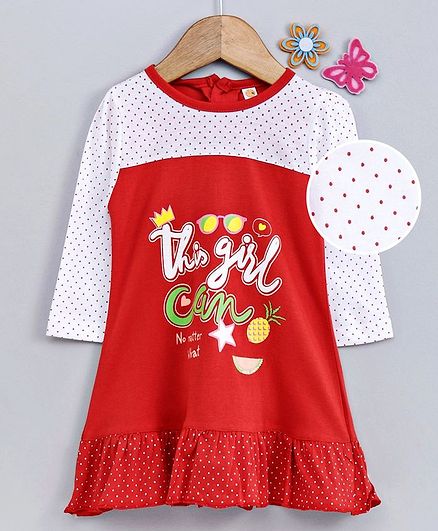 Dew Drops Full Sleeves Frock Text & Pineapple Print - Red White
