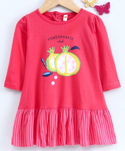 Dew Drops Full Sleeves Frock Pomegranate Print - Pink