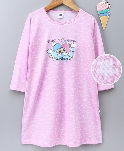 Teddy Full Sleeves Nighty Girls Boy & Star Print - Pink