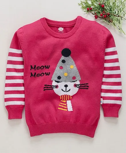 Teddy Full Sleeves Sweater Kitty Design - Pink